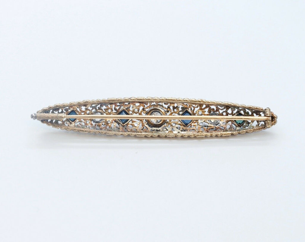 Edwardian 18K Yellow Gold Sterling Silver Diamonds Sapphires Brooch Pin