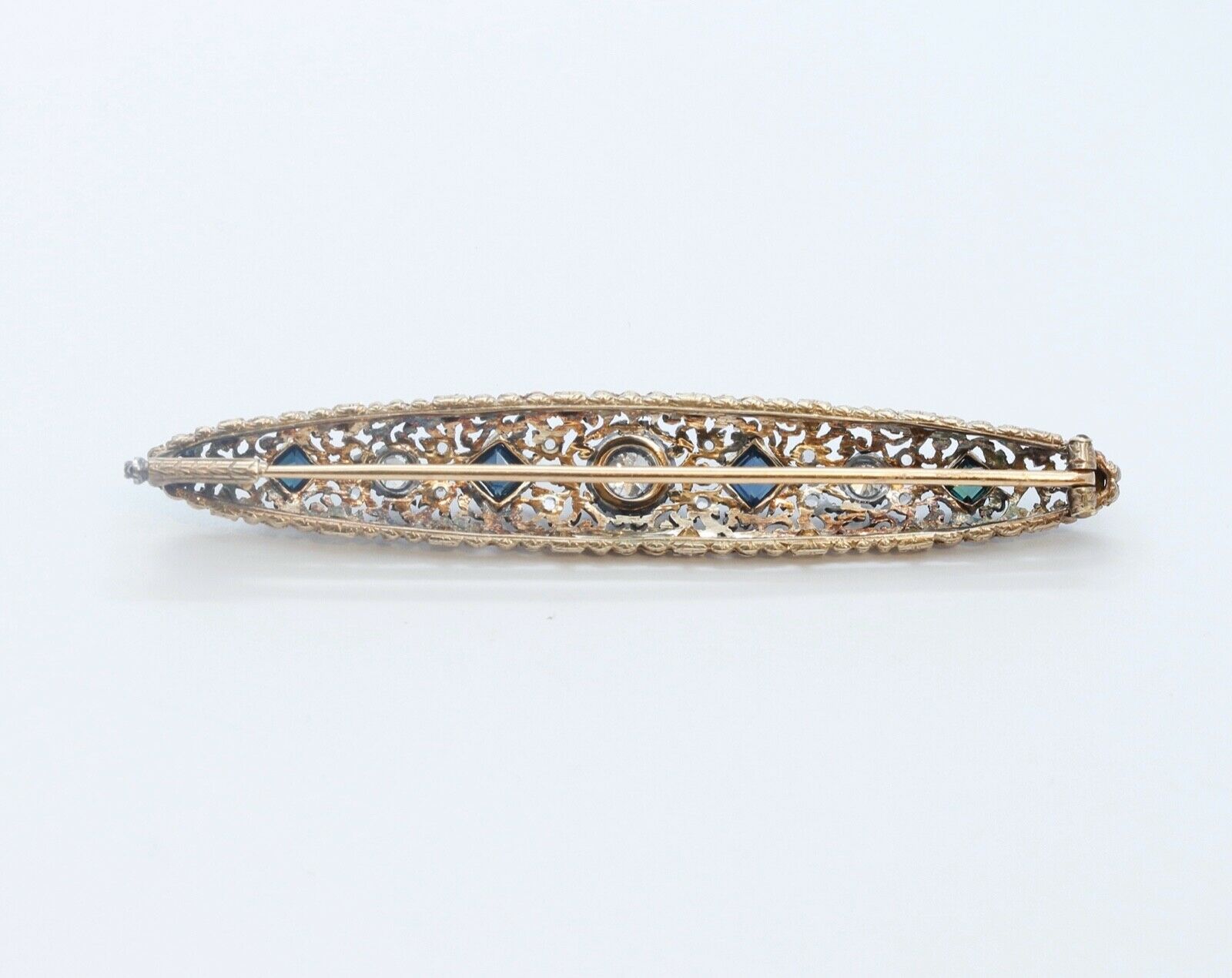 Edwardian 18K Yellow Gold Sterling Silver Diamonds Sapphires Brooch Pin