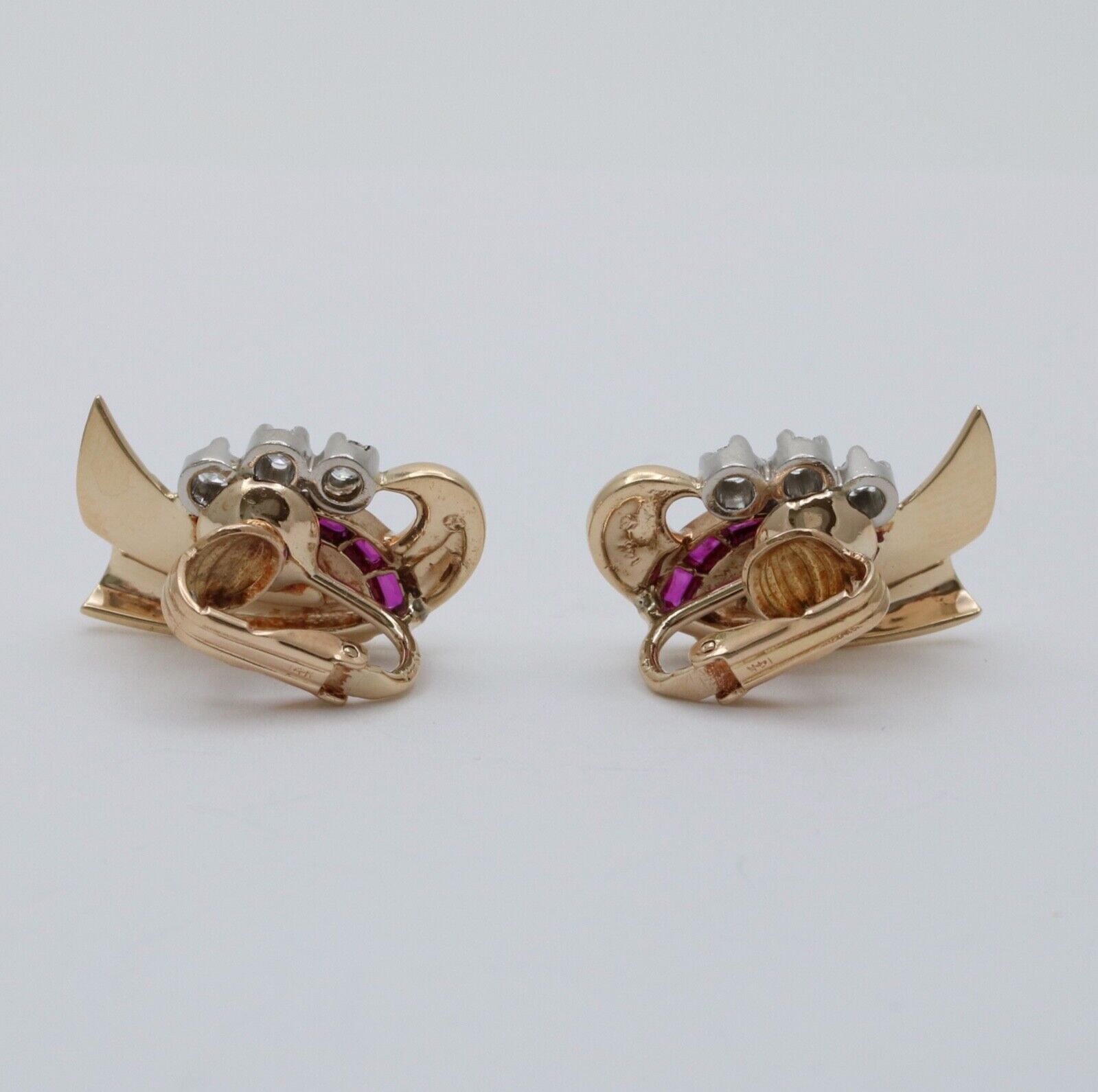 Vintage Retro 14K Yellow Gold Ruby & Diamond Earrings