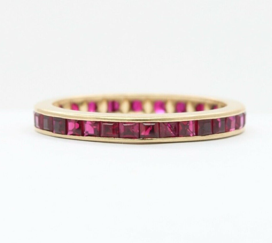 Vintage Emerald French Cut Rubies 14K YG Eternity Band Ring