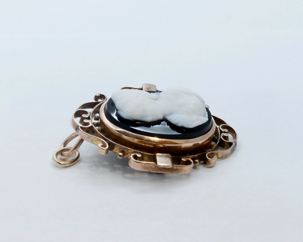 Victorian Cameo 14K Rose Gold Onyx Brooch Pendant Pin