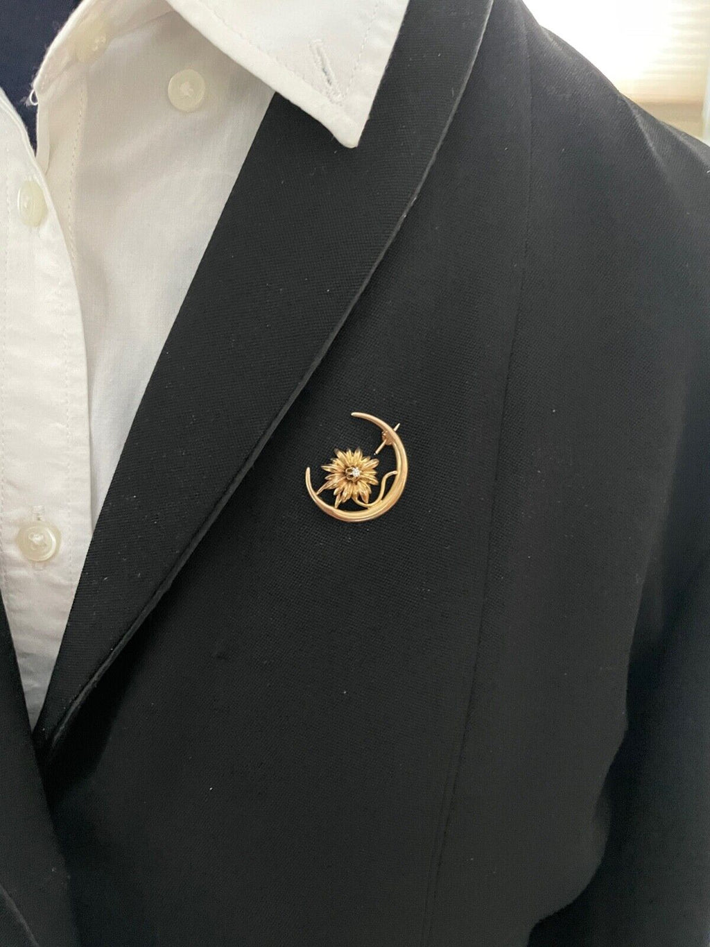 Victorian 10K Yellow Gold Crescent & Chrysanthemum Flower Diamond Pin