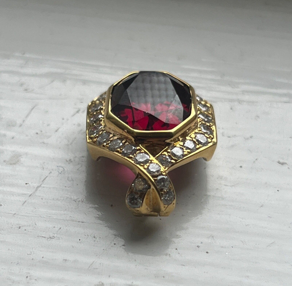 Vintage 18K Yellow Gold Rubellite Tourmaline Diamond Pendant Necklace.