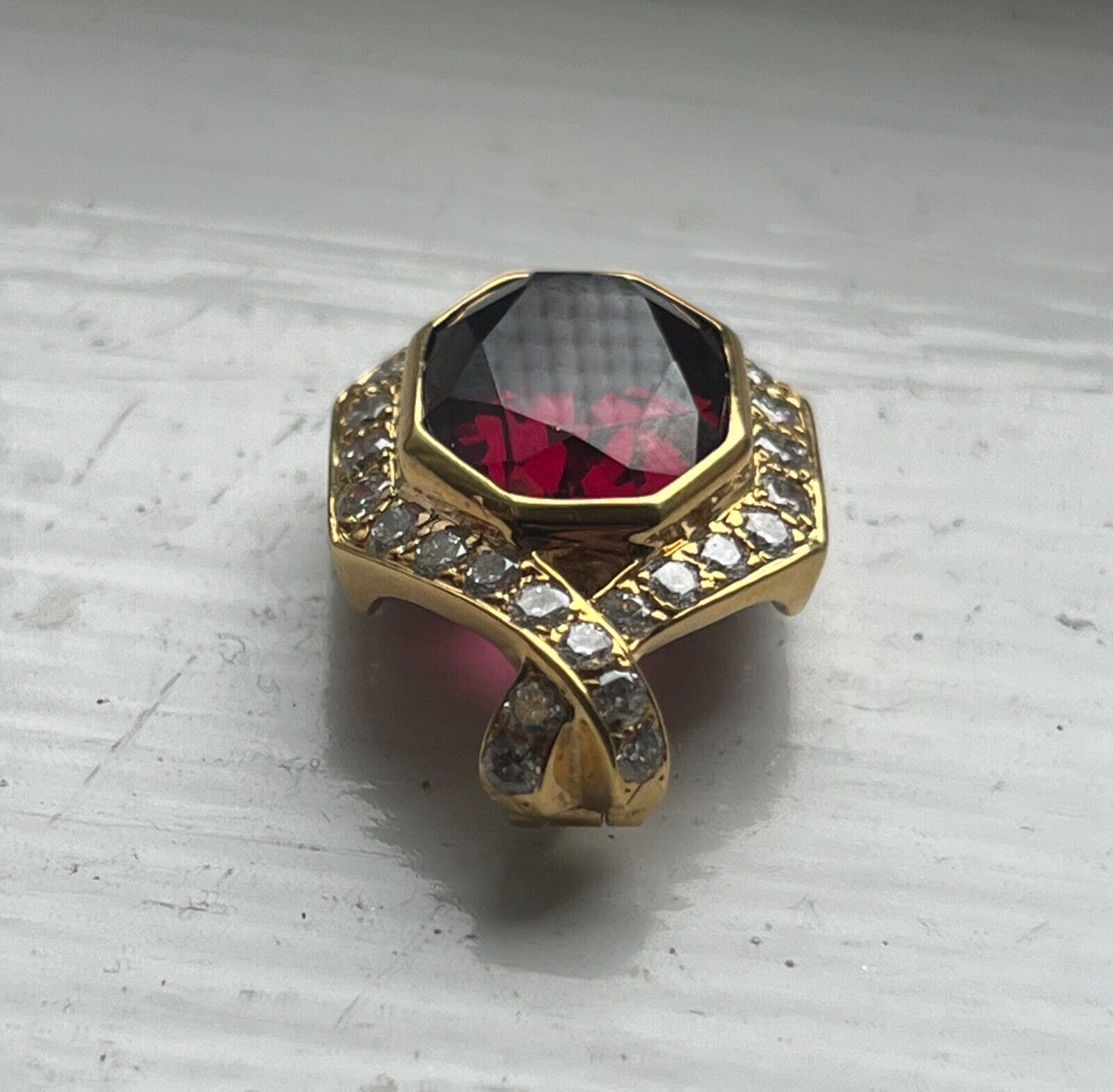 Vintage 18K Yellow Gold Rubellite Tourmaline Diamond Pendant Necklace.