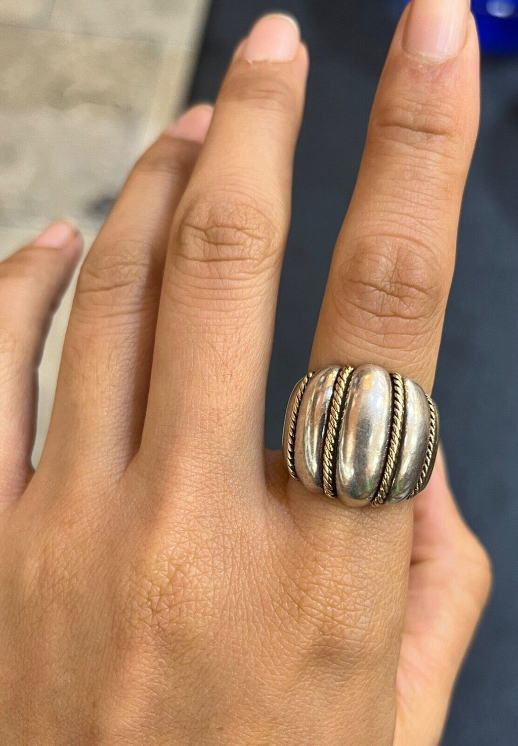 Vintage Kabana 14K Gold & String Silver Wide Ring Band