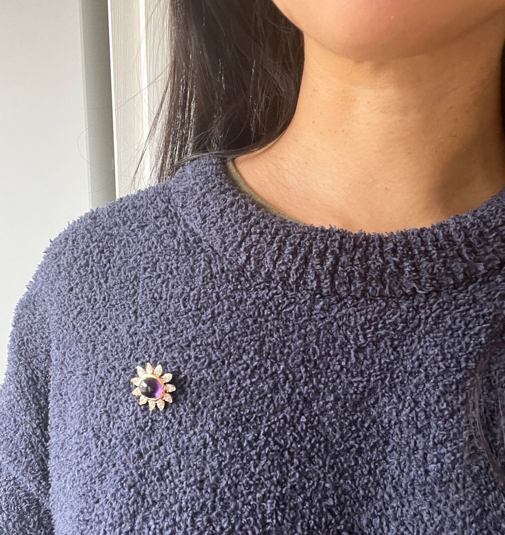 Vintage 14K Yellow Gold Diamond and Amethyst Flower Brooch