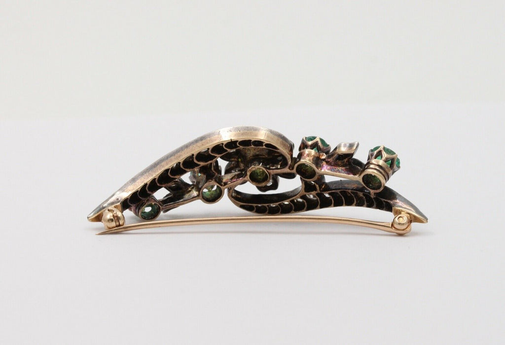 Victorian Emerald Diamonds Platinum 14K YG Flower Brooch Pin