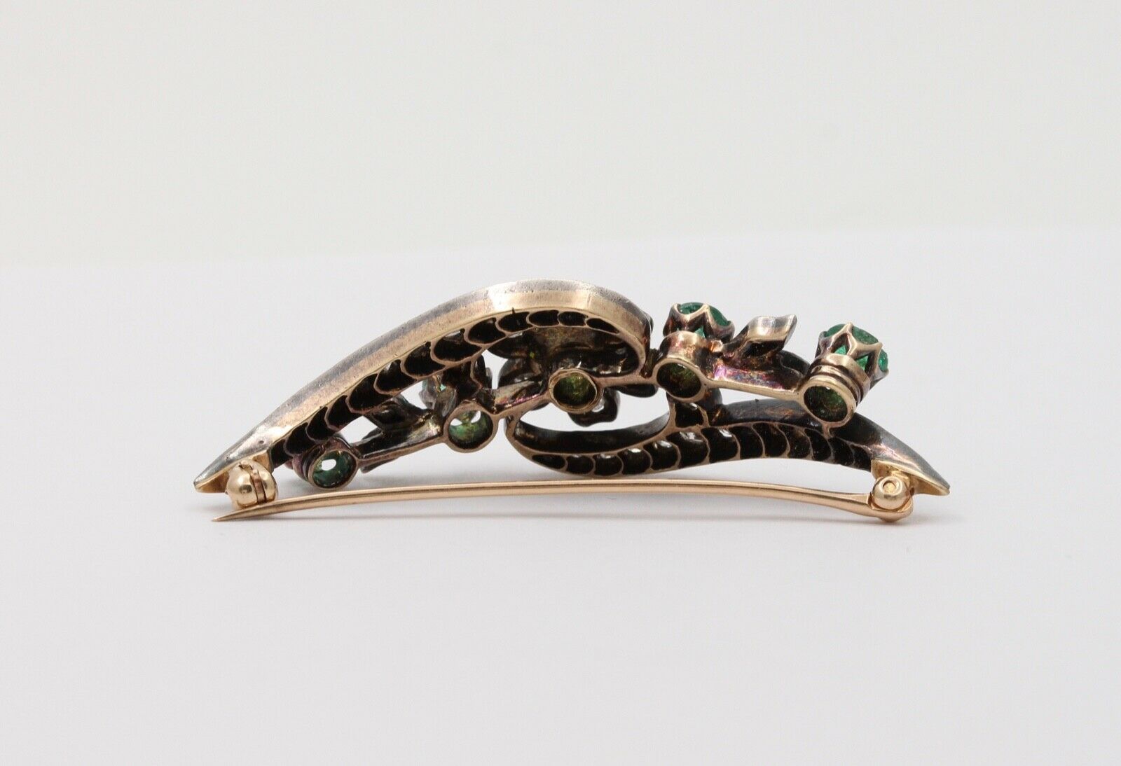 Victorian Emerald Diamonds Platinum 14K YG Flower Brooch Pin