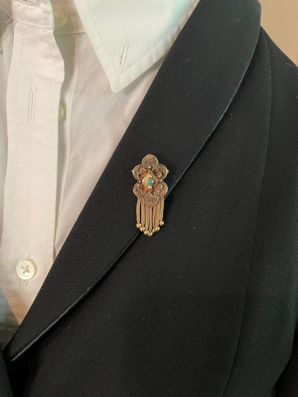 Victorian 14K Yellow Gold Shield Turquoise Foxtail Pendant Brooch
