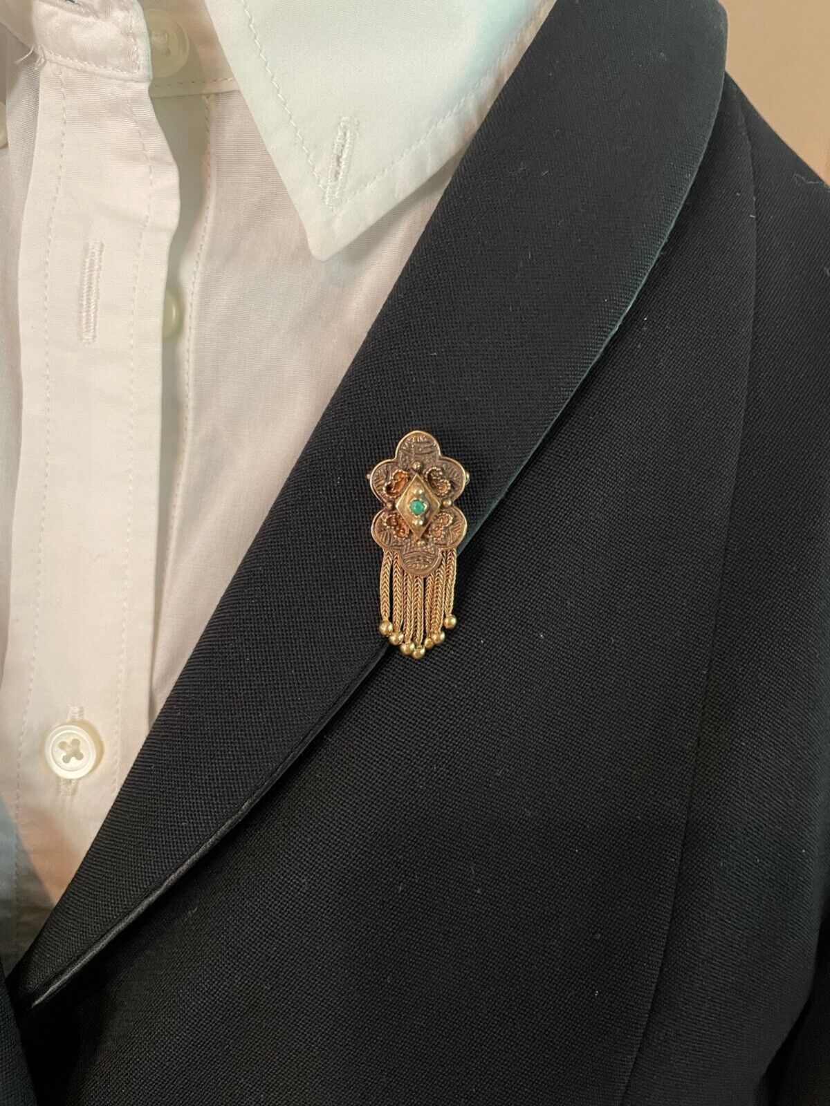 Victorian 14K Yellow Gold Shield Turquoise Foxtail Pendant Brooch