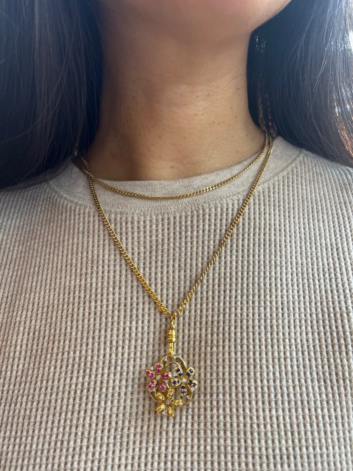 Lovely Multi-Color Sapphire and Diamond 14K Yellow Gold Flower Pendant, Necklace
