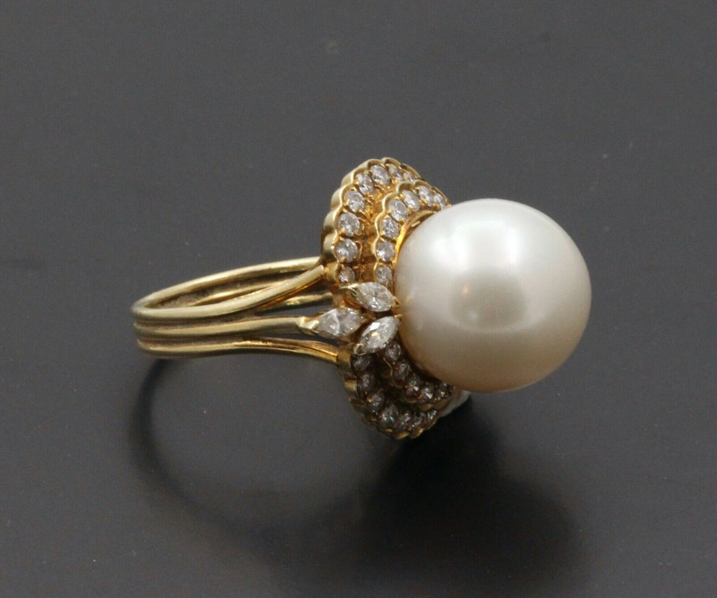 Large Vintage 14K Yellow Gold Diamond 14MM Pearl Ring
