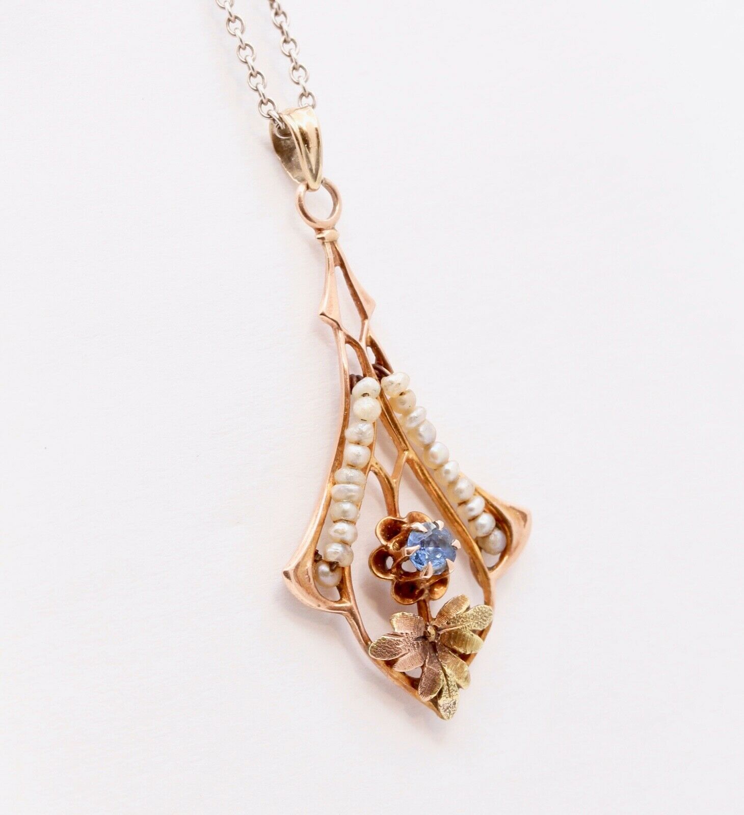 Victorian 10 Rose Gold Blue Sapphire Seed Pearls Pendant