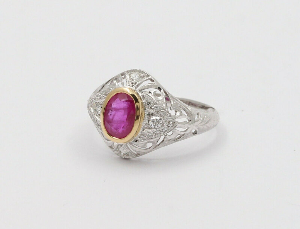 Vintage Burma Ruby Filigree Diamond 18K Gold Ring , Engagement Ring.