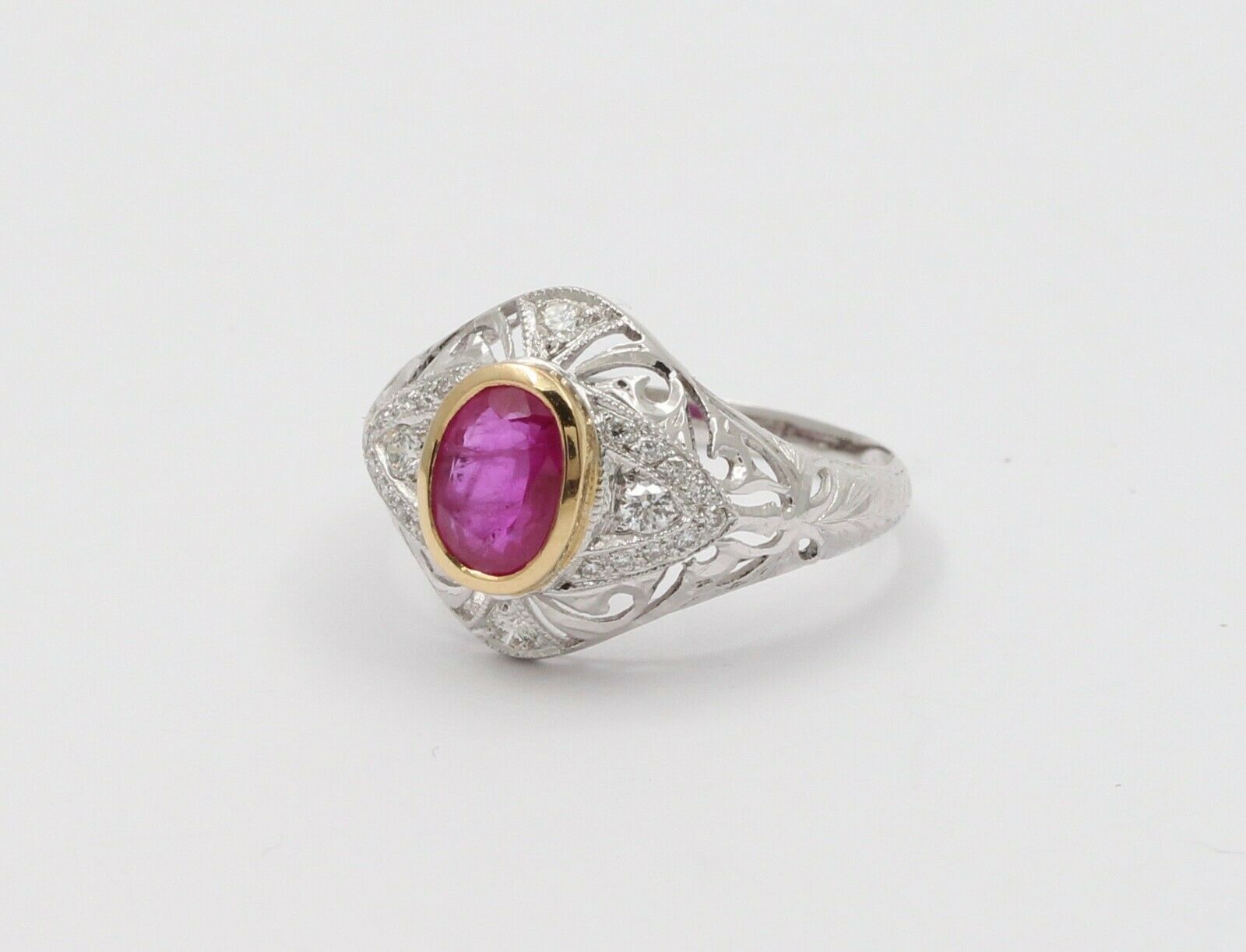 Vintage Burma Ruby Filigree Diamond 18K Gold Ring , Engagement Ring.
