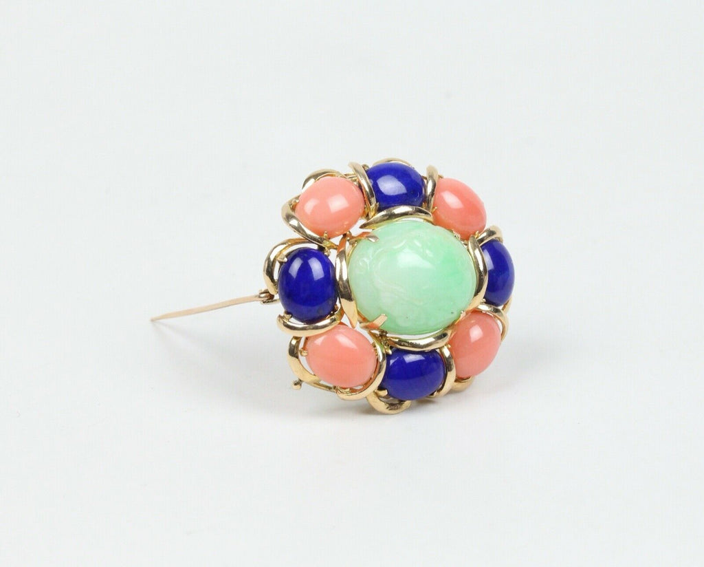 Beautiful Vintage Multi Stone Jade Jasper Lapis Lazuli Brooch Pin