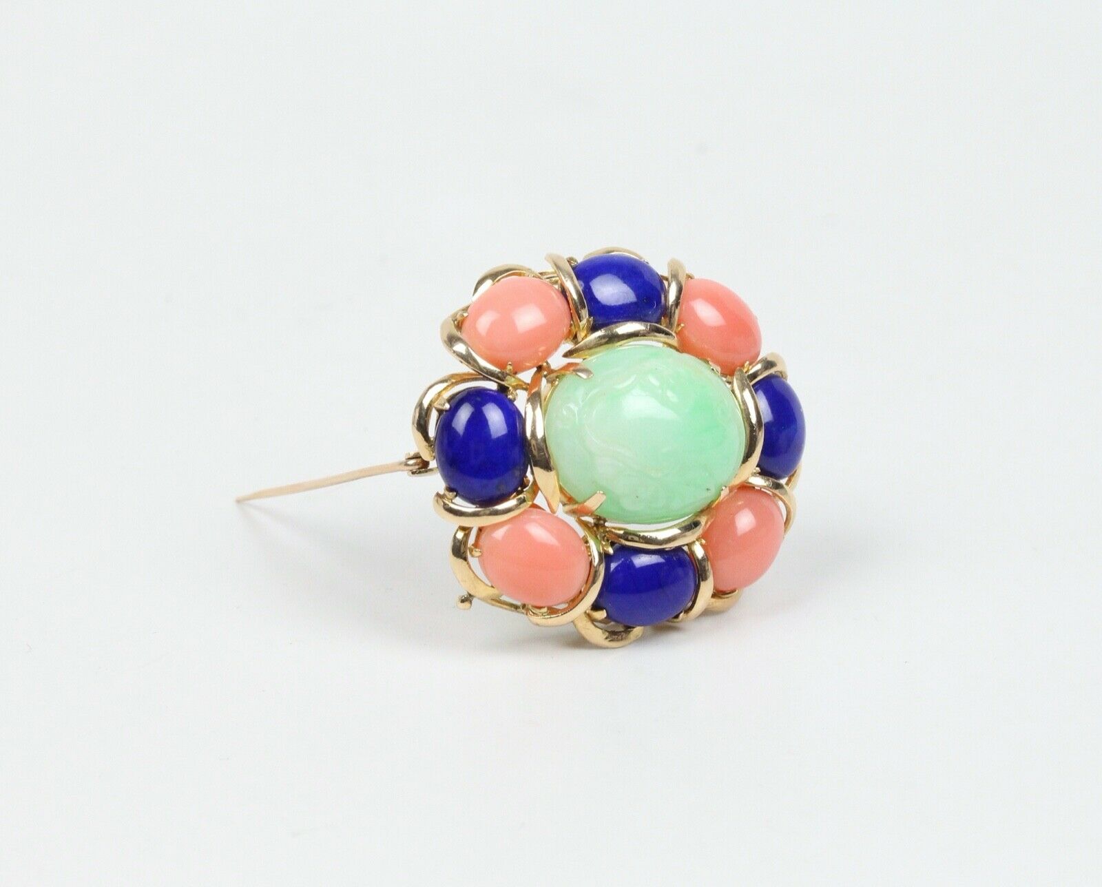 Beautiful Vintage Multi Stone Jade Jasper Lapis Lazuli Brooch Pin