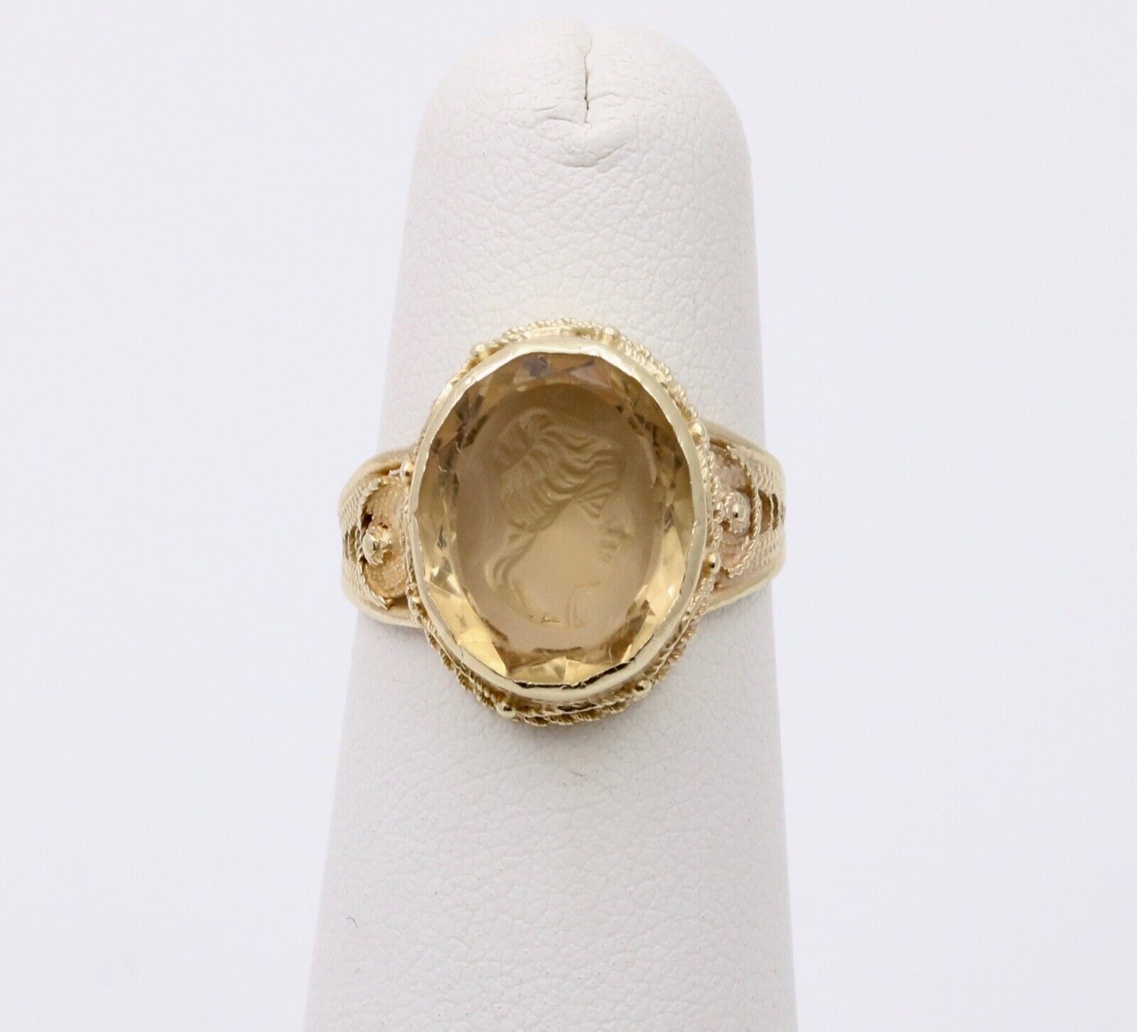 Vintage Carved Portrait Citrine 14K Yellow Gold Ring