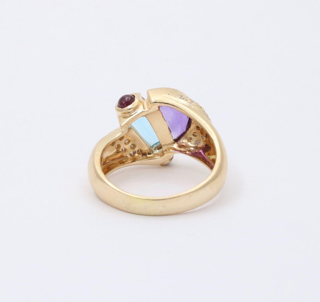 Vintage Geometric Amethyst Blue Topaz Tourmalines Diamonds 14K Yellow Gold Ring