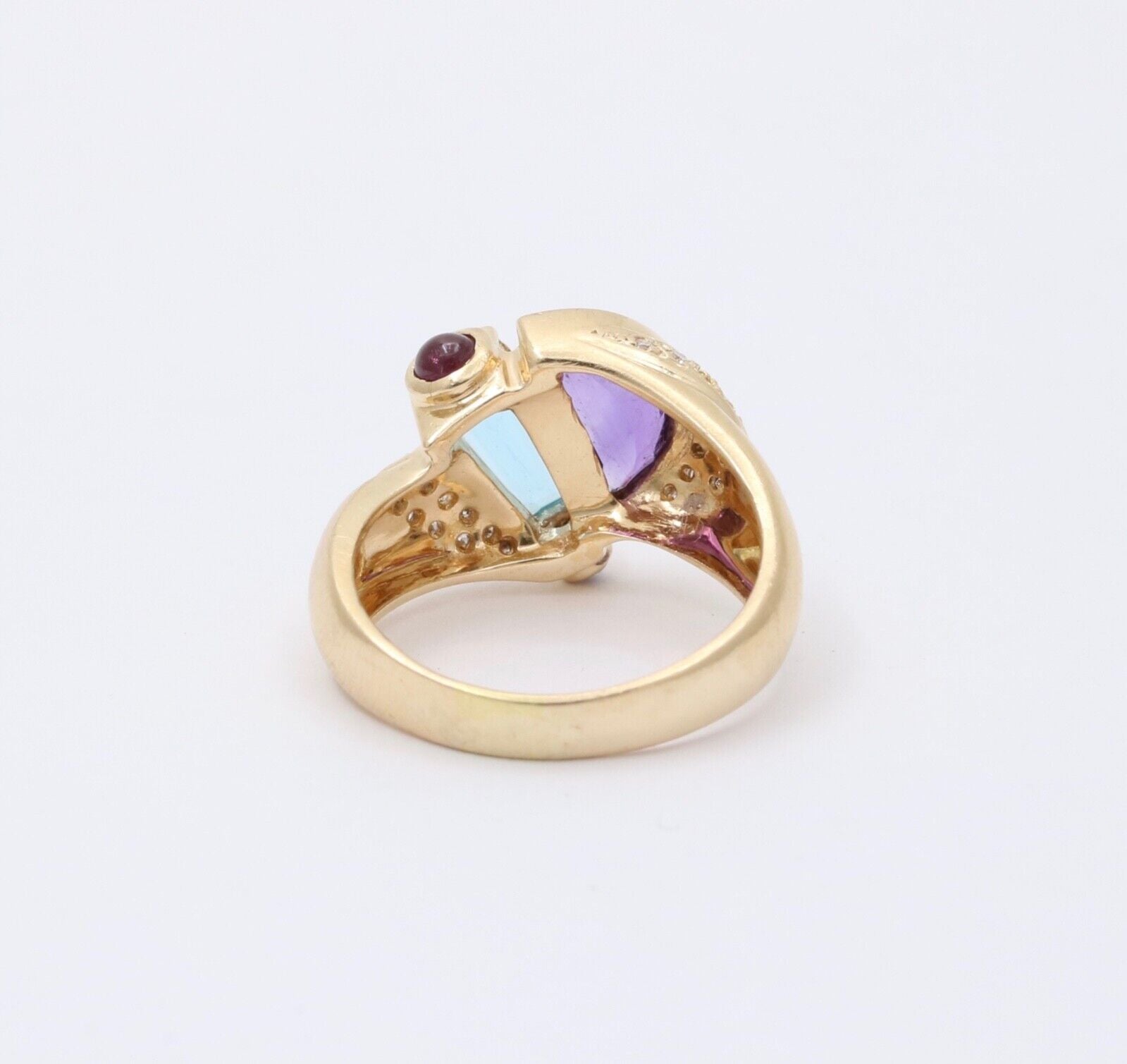 Vintage Geometric Amethyst Blue Topaz Tourmalines Diamonds 14K Yellow Gold Ring