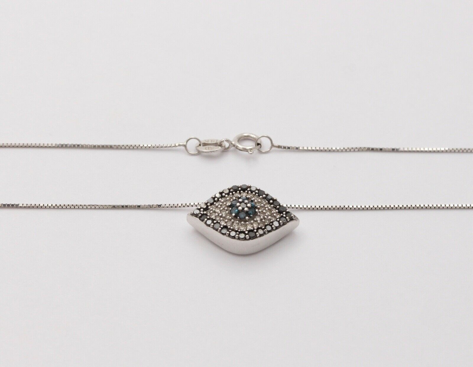 Beautiful Evil Eye Apotropaic Diamonds Sapphires 14K White Gold Pendant & Chain