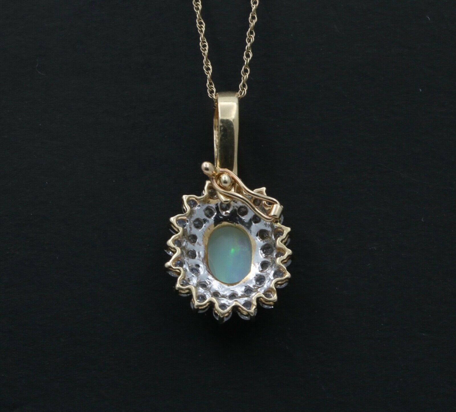 Vintage 14K Yellow Gold Australian Opal & Diamond Halo Pendant, Necklace.