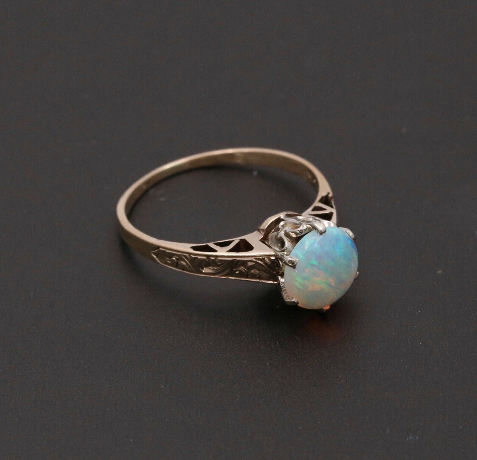 Art Deco Watery Translucent Opal 10K Yellow Gold Ring