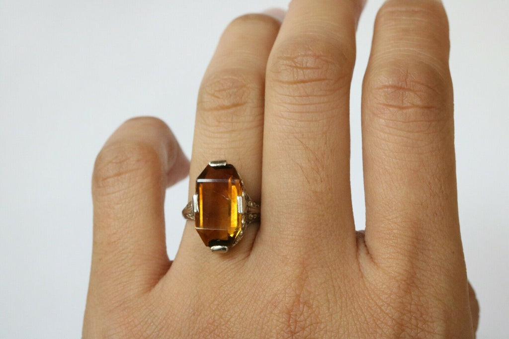 Art Deco Citrine 18K White Gold Filagree Ring