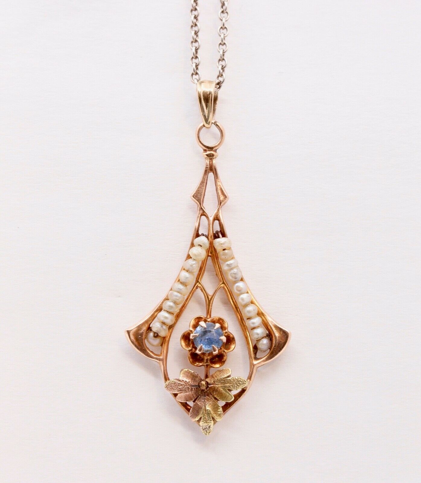 Victorian 10 Rose Gold Blue Sapphire Seed Pearls Pendant
