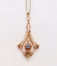 Load image into Gallery viewer, Victorian 10 Rose Gold Blue Sapphire Seed Pearls Pendant
