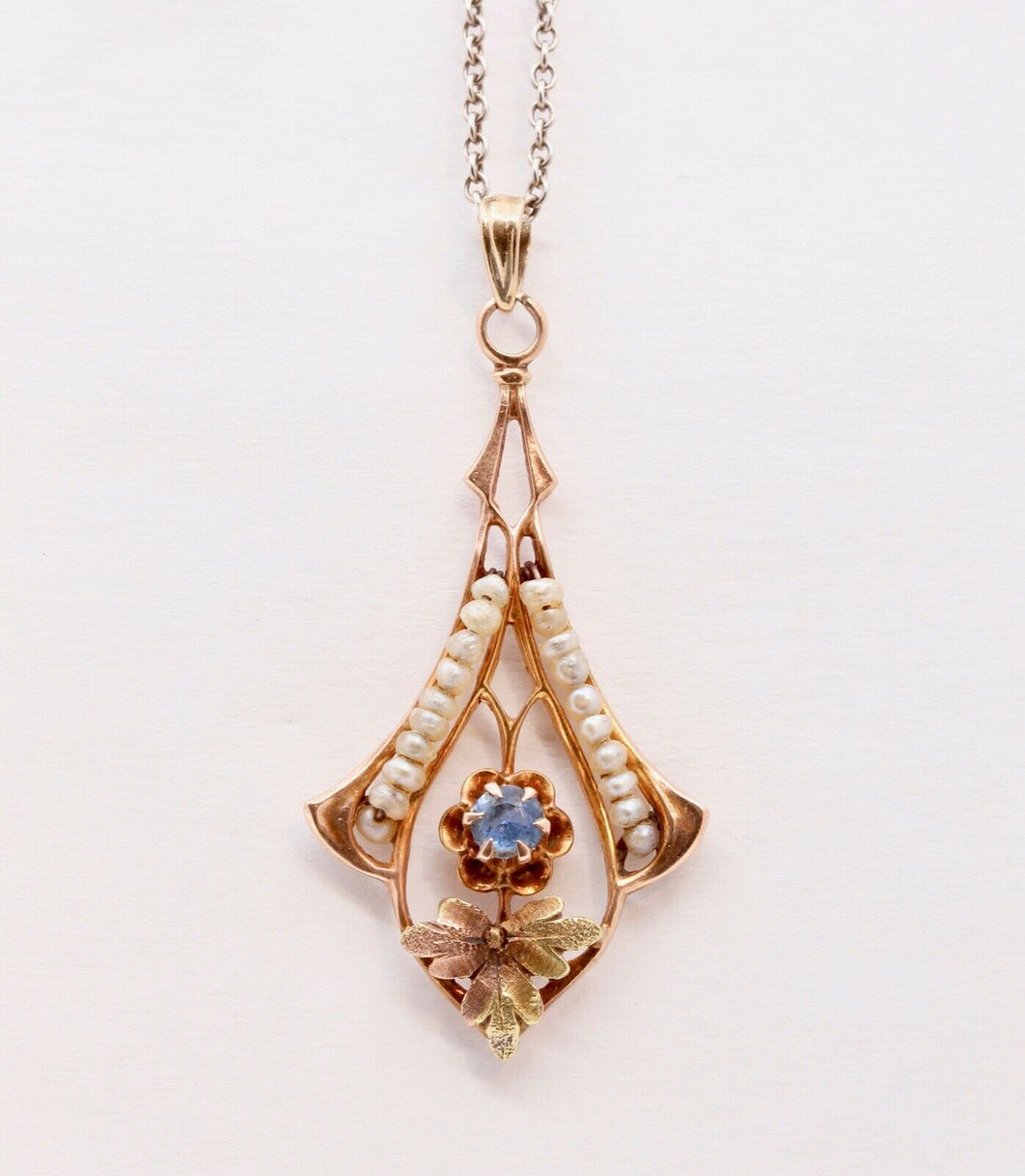 Victorian 10 Rose Gold Blue Sapphire Seed Pearls Pendant