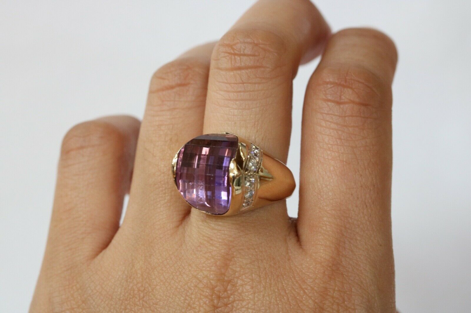 Vintage 14K Yellow Gold  Amethyst & Diamonds Funky Ring.