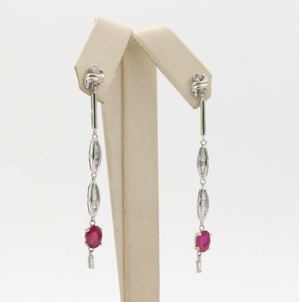 Vintage 14K White Gold Hanging Ruby Diamond Earrings