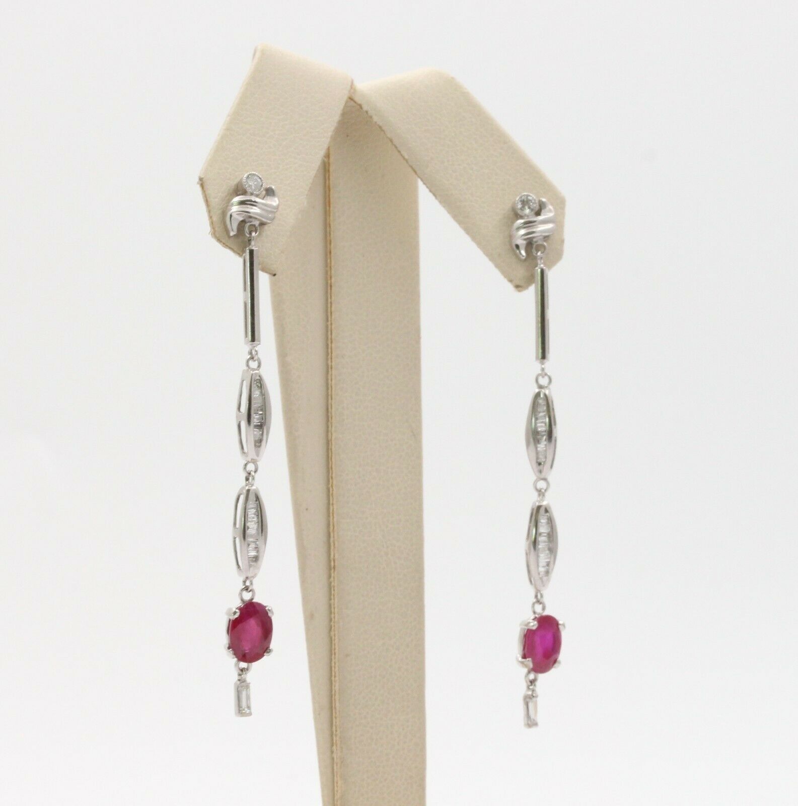 Vintage 14K White Gold Hanging Ruby Diamond Earrings
