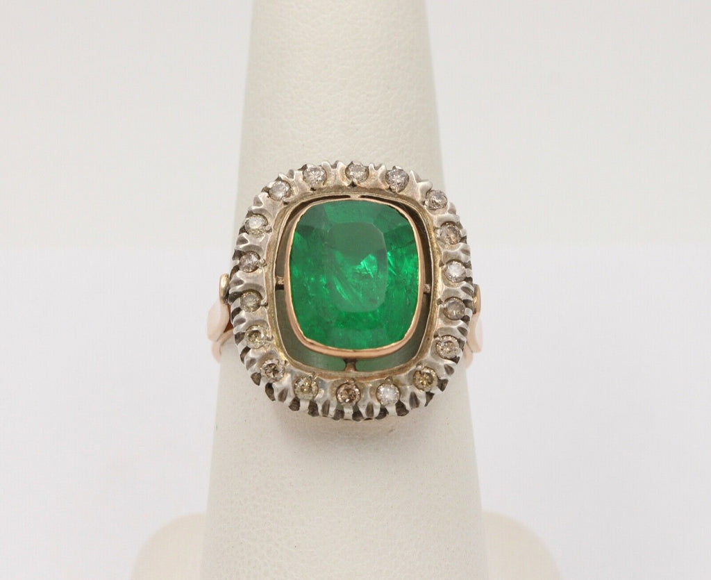 Vintage Emerald Diamonds 14K Yellow White Gold Ring