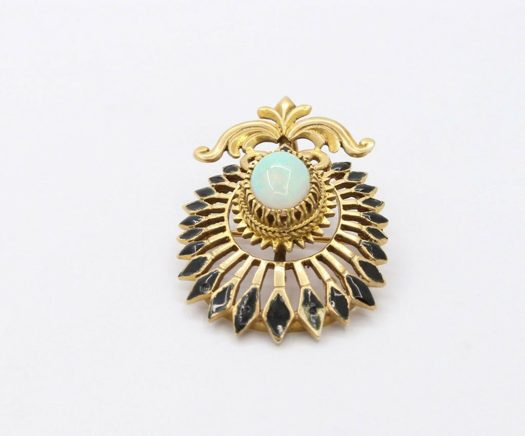 Vintage 14K Yellow Gold Opal Enamel Pendant Brooch