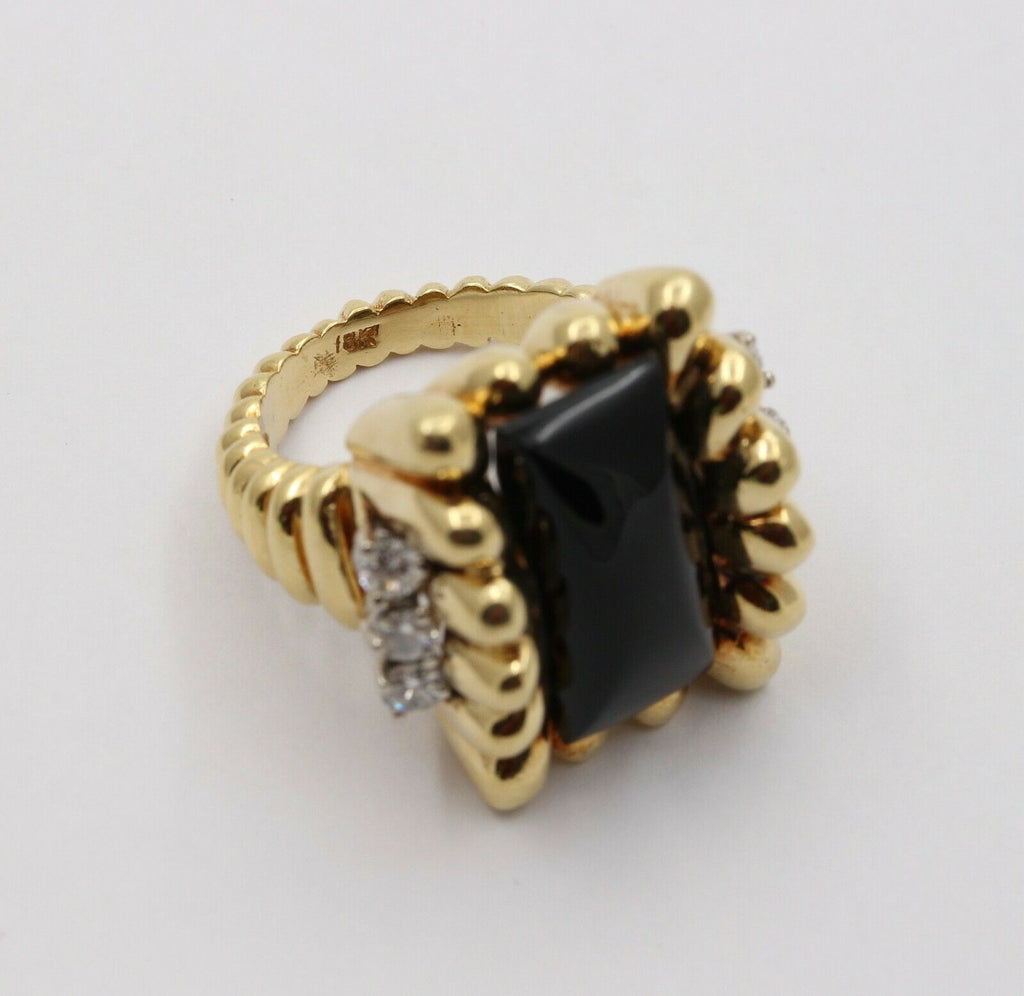 Vintage 18K Yellow Gold Unique Onyx Diamond Statement Ring