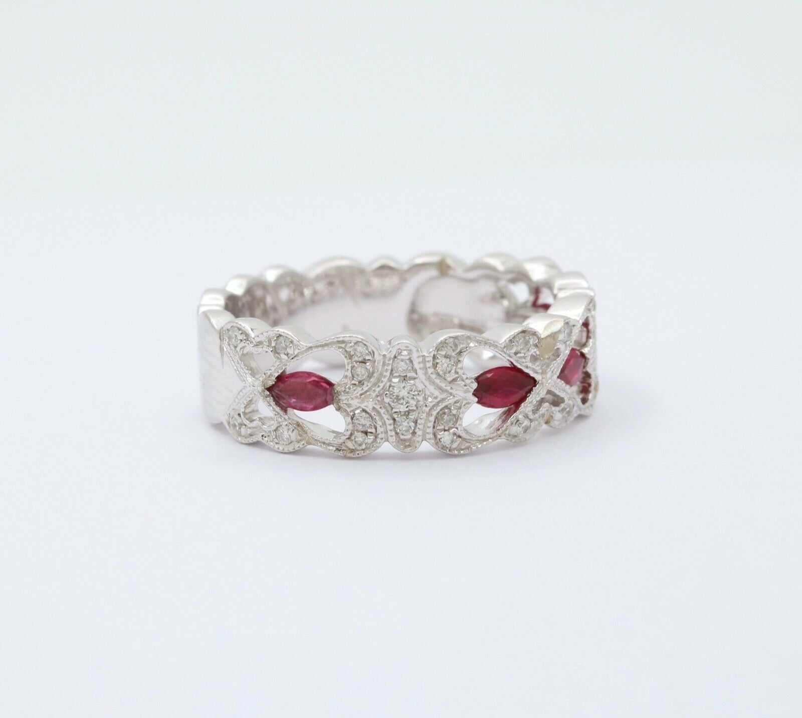 Vintage 18K White Gold Ruby & Diamond Half Eternity Heart Band Ring