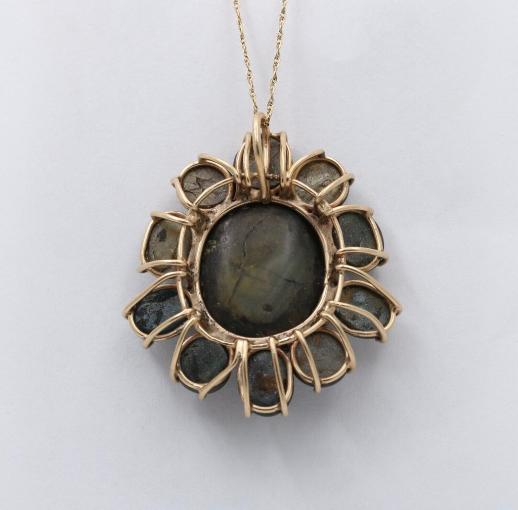 Vintage 14K Gold Black Star Sapphire Flower Pendant , Necklace