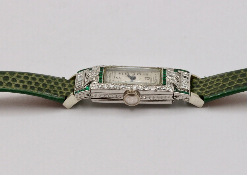Art Deco Gruen Diamonds Emeralds Platinum Ladies Watch
