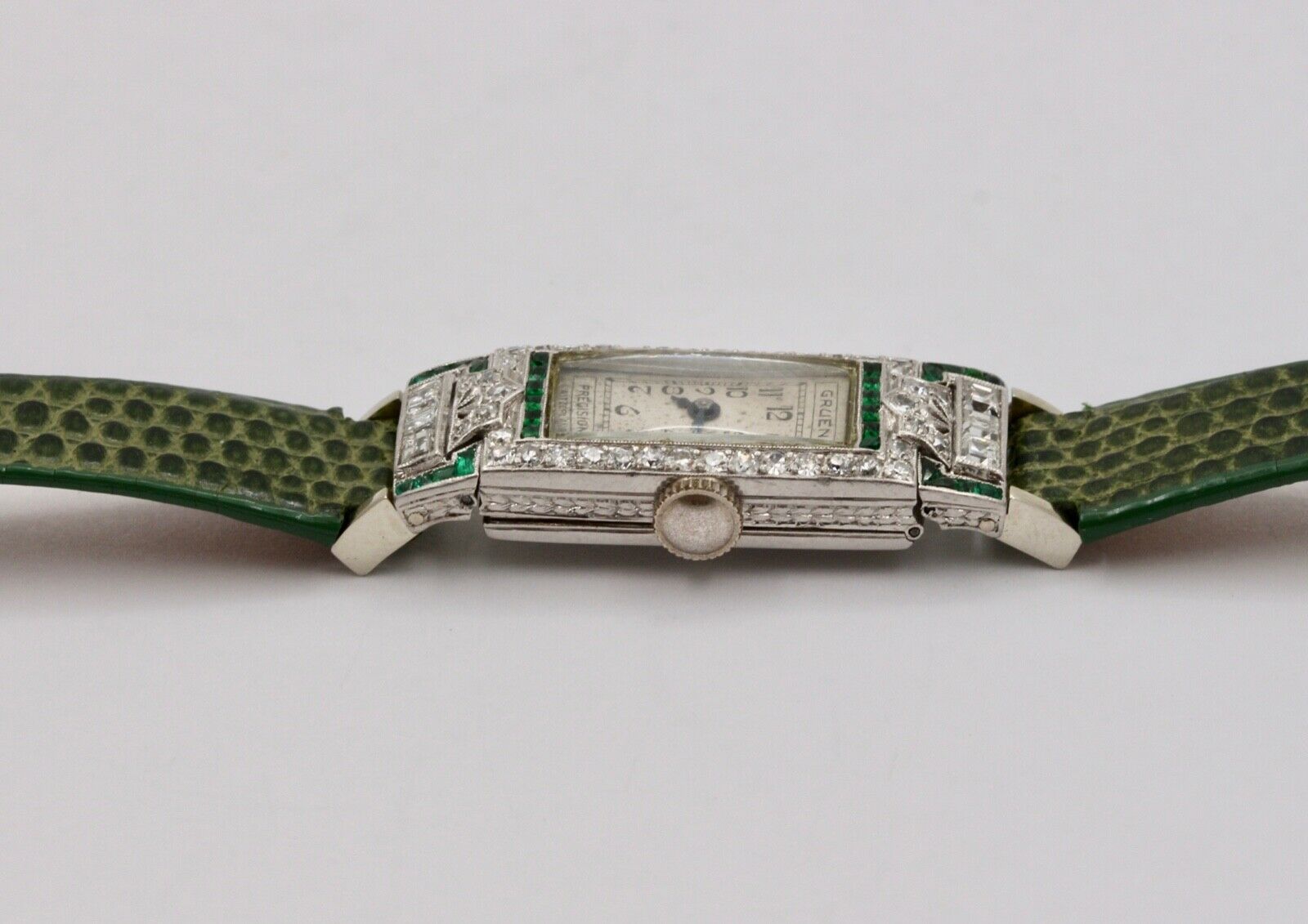 Art Deco Gruen Diamonds Emeralds Platinum Ladies Watch