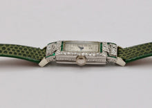 Load image into Gallery viewer, Art Deco Gruen Diamonds Emeralds Platinum Ladies Watch
