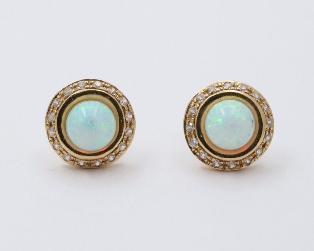 Vintage 14K Gold Opal, Diamond Halo Studs Earrings.