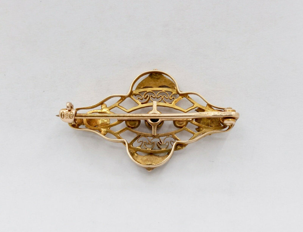 Art Nouveau 10K Yellow Gold Sapphire Pearl Brooch