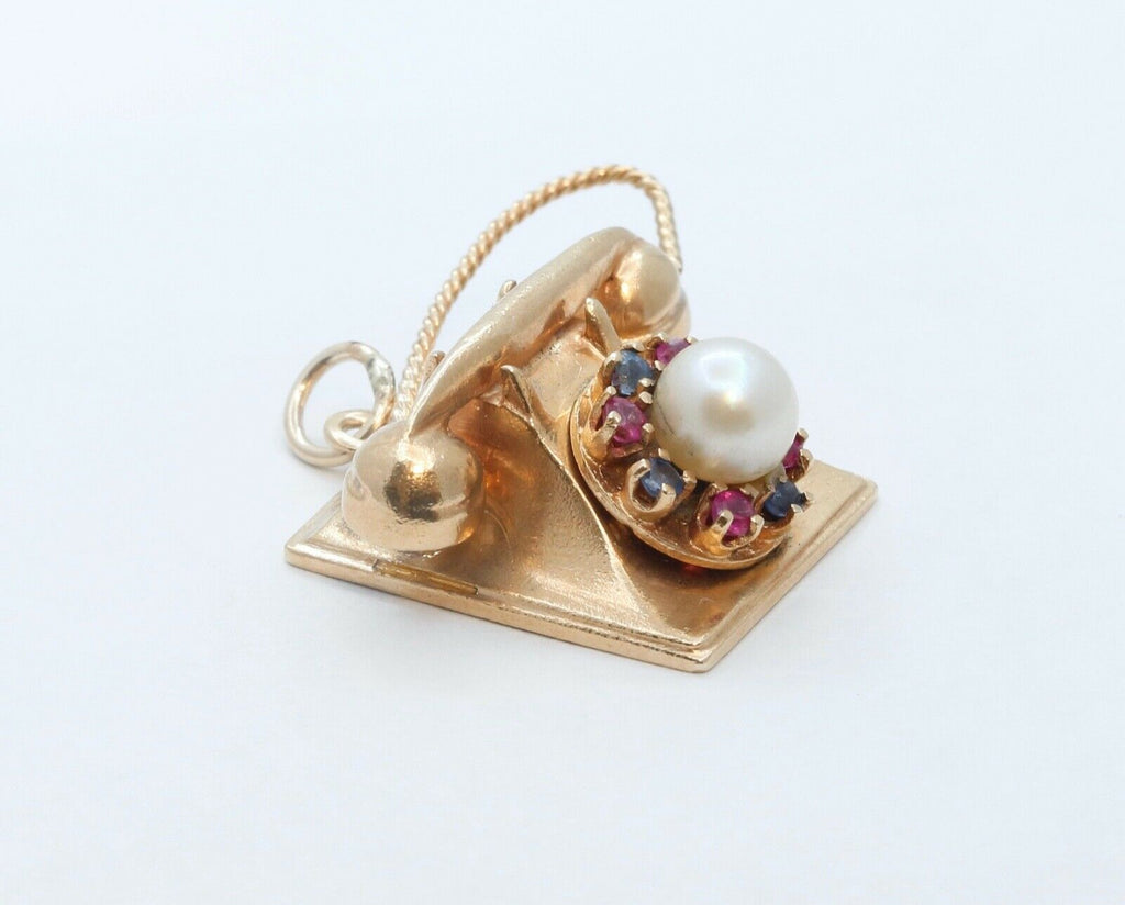 Vintage Moveable Telephone 14K Yellow Gold Pearl Sapphires Rubies Pendant Charm