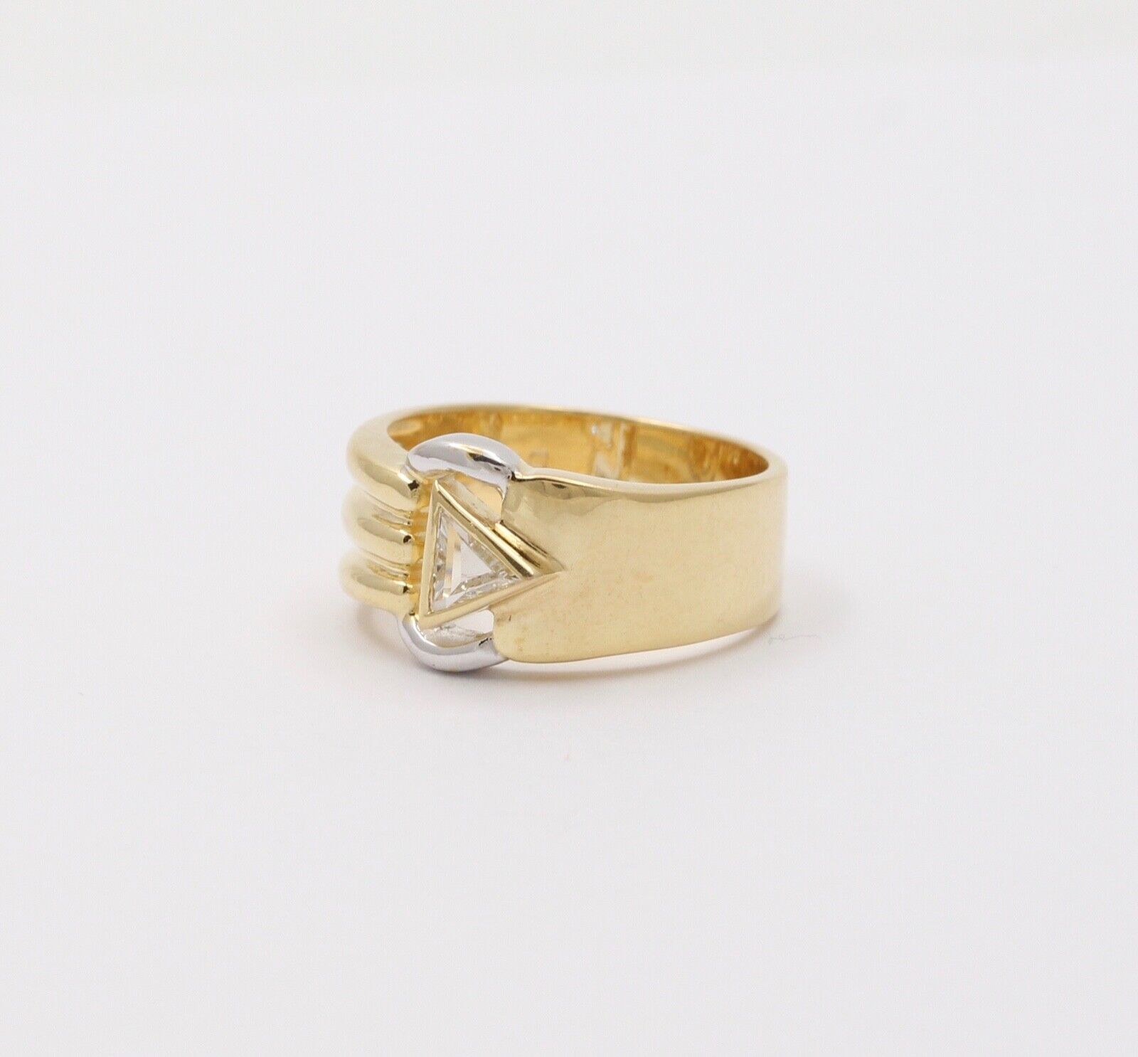 Vintage Geometric Trillion Cut Diamond 18K Yellow White Gold Ring