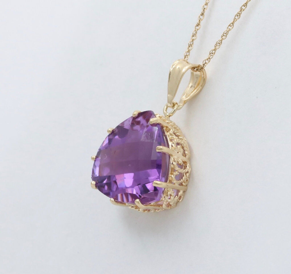 Vintage Triangle Checkerboard Cut Amethyst 14K Yellow Gold Pendant