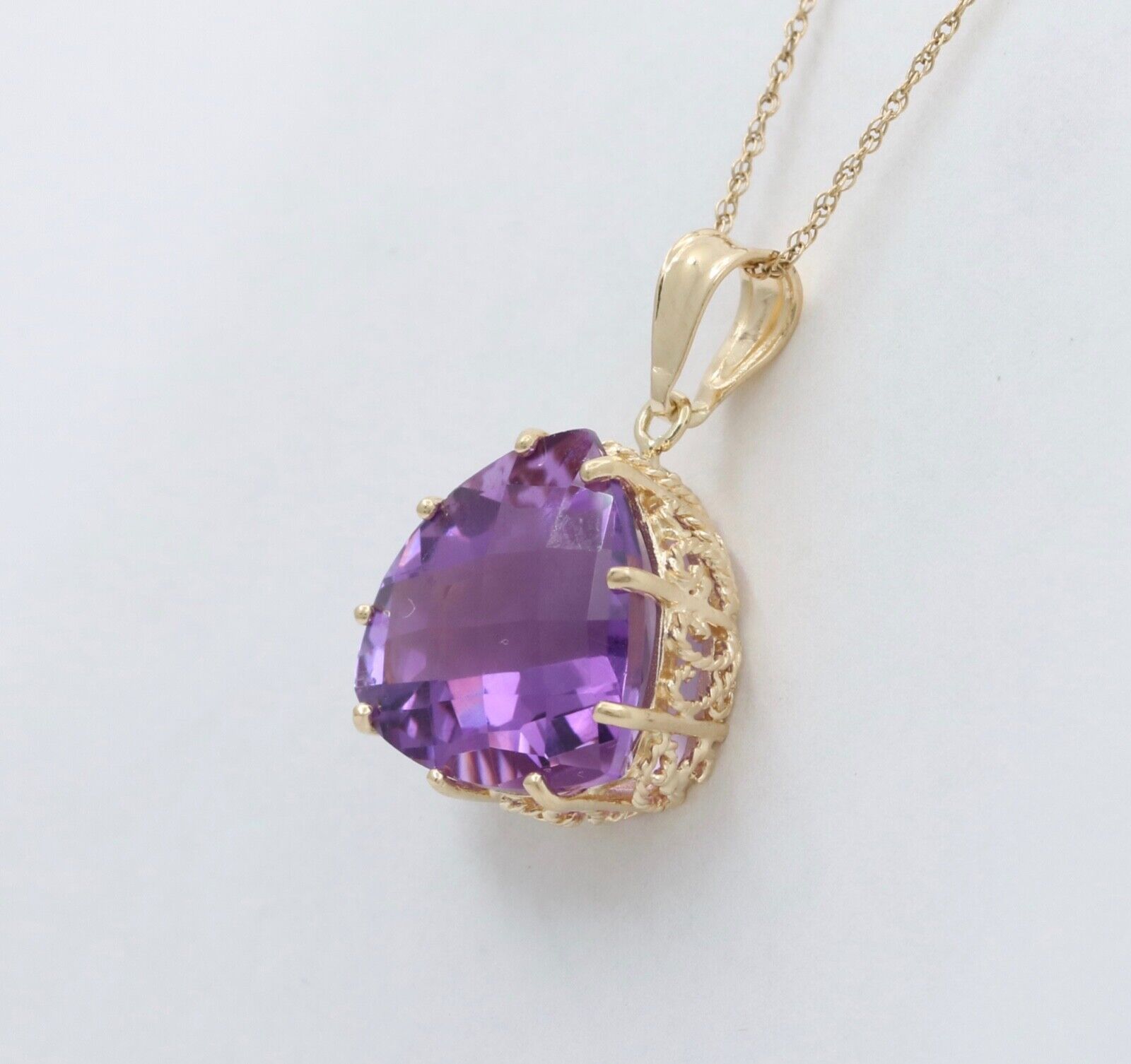 Vintage Triangle Checkerboard Cut Amethyst 14K Yellow Gold Pendant