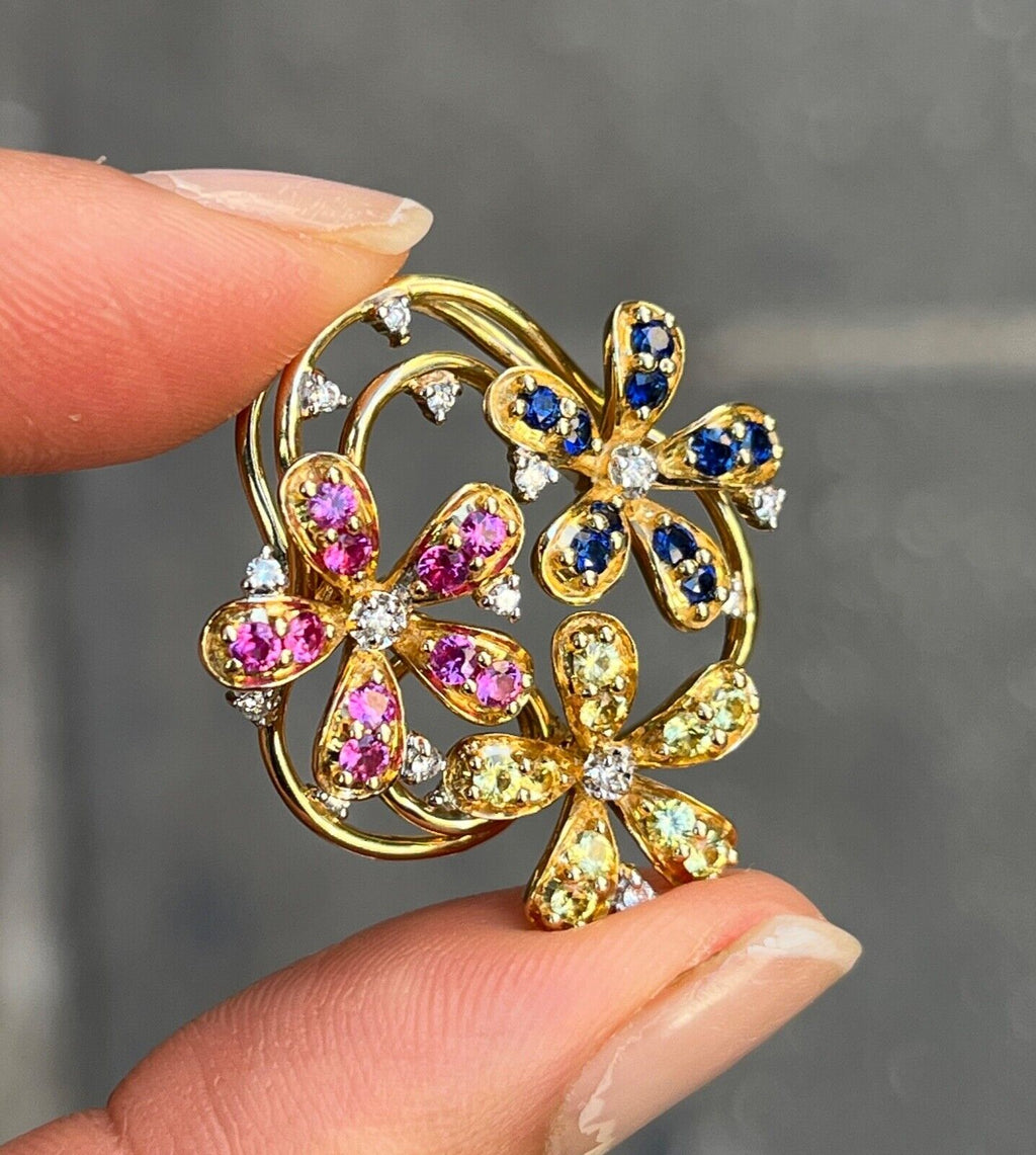 Lovely Multi-Color Sapphire and Diamond 14K Yellow Gold Flower Pendant, Necklace
