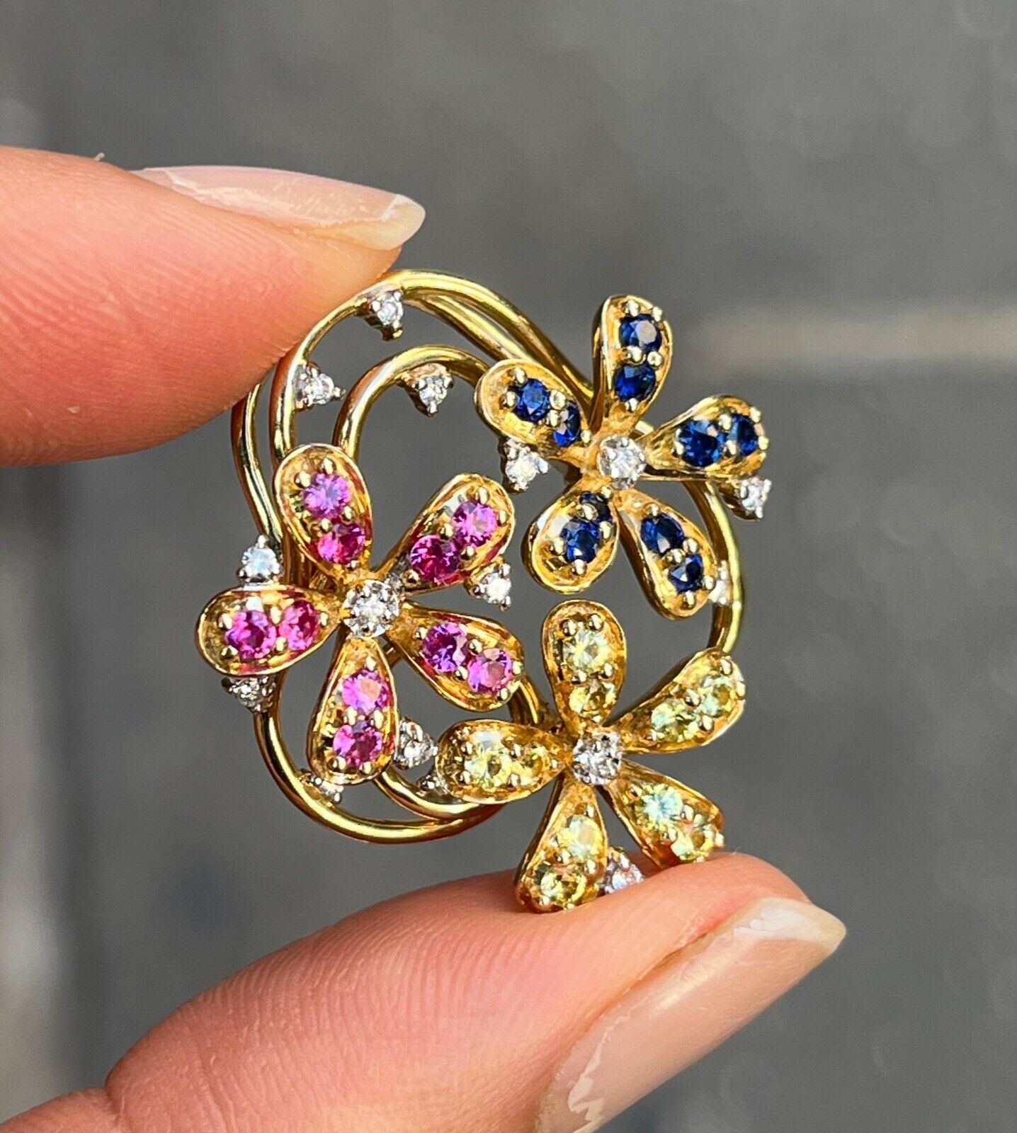 Lovely Multi-Color Sapphire and Diamond 14K Yellow Gold Flower Pendant, Necklace
